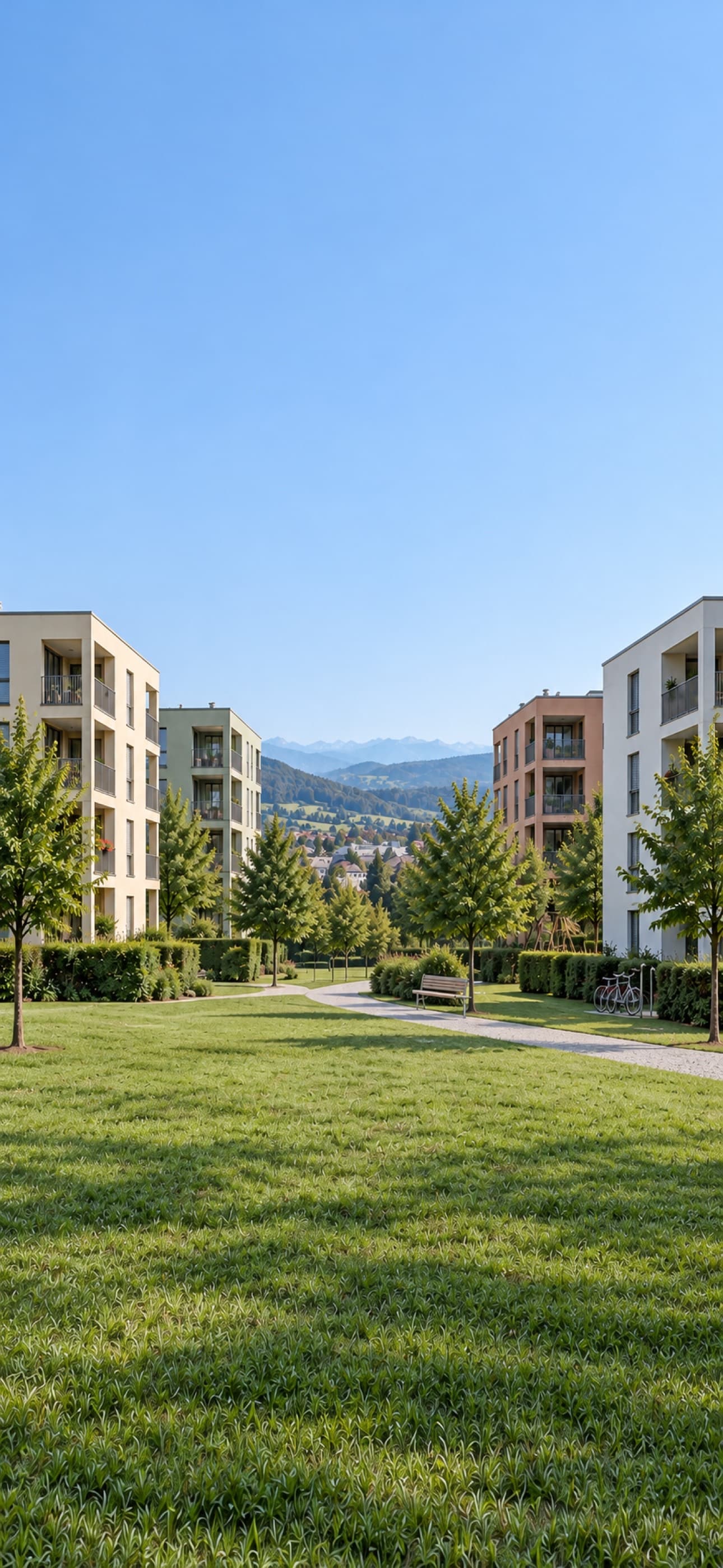 Moderne Mehrfamilienhäuser in einer grünen Schweizer Wohnsiedlung an einem sonnigen Sommertag.