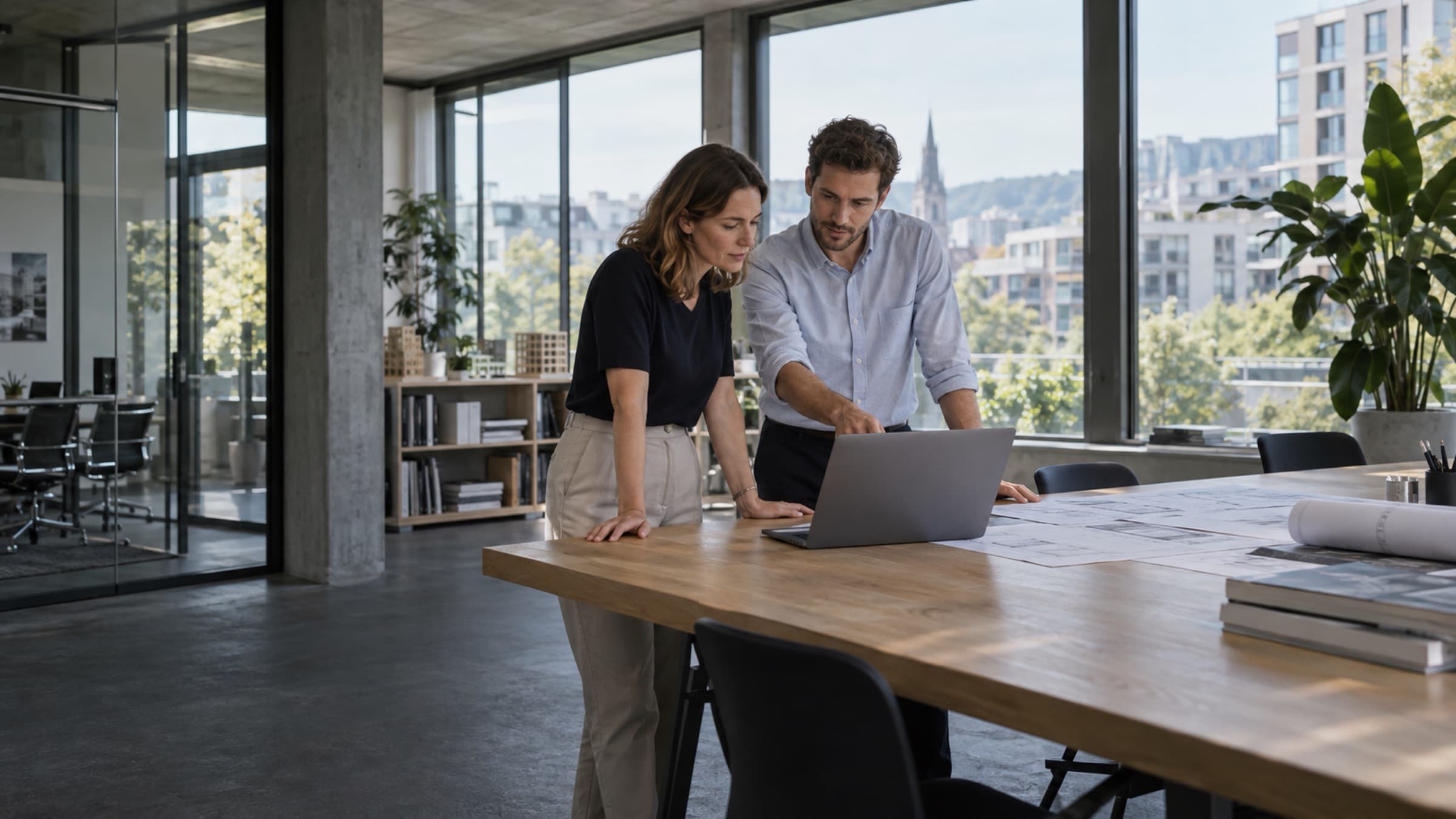 Zwei Mitarbeitende eines Immobilienfonds besprechen Zahlen am Laptop in einem hellen Büro.