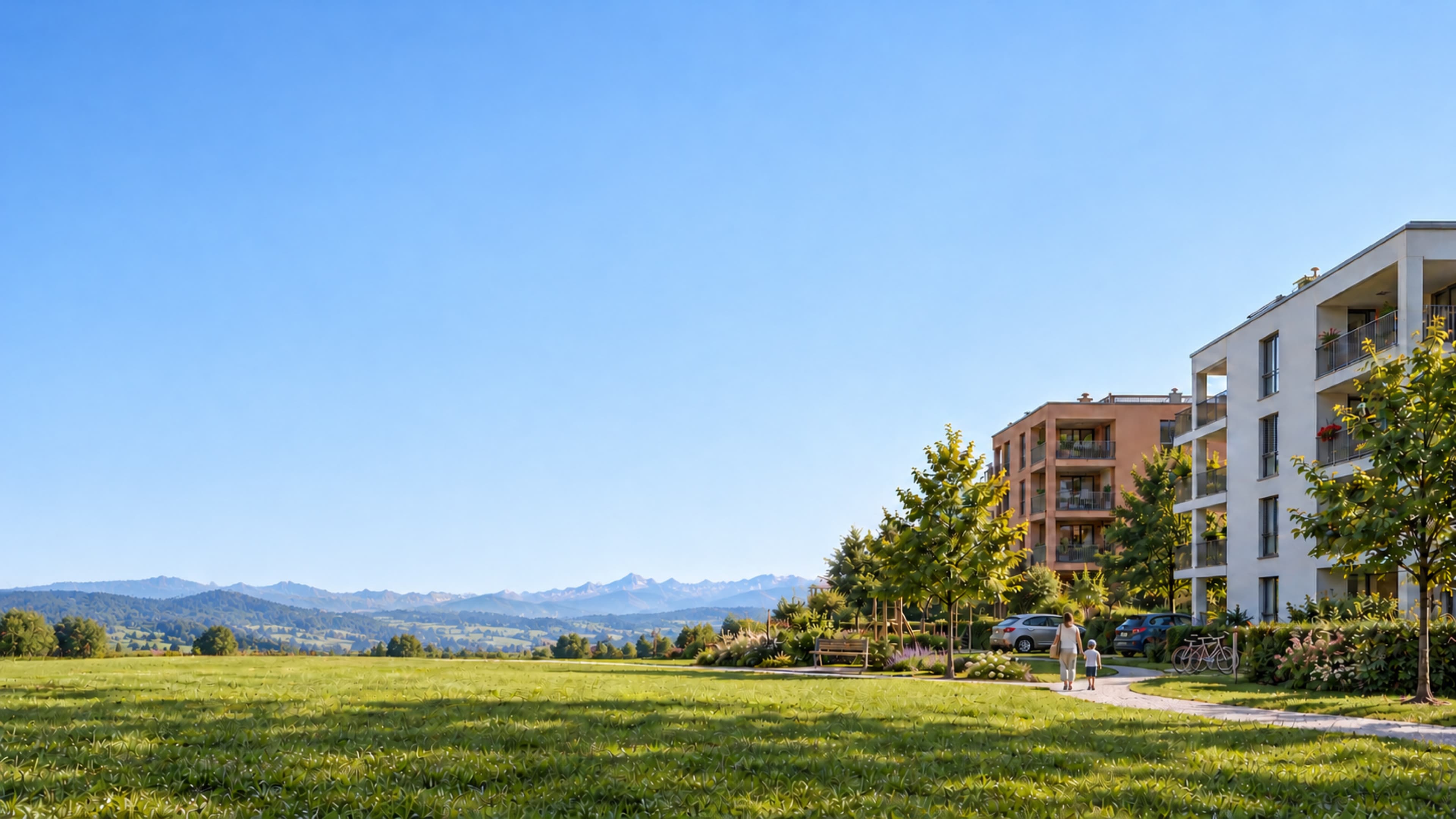 Weiter blauer Himmel über einer Wiese, rechts moderne Mehrfamilienhäuser, am Horizont die Voralpen.